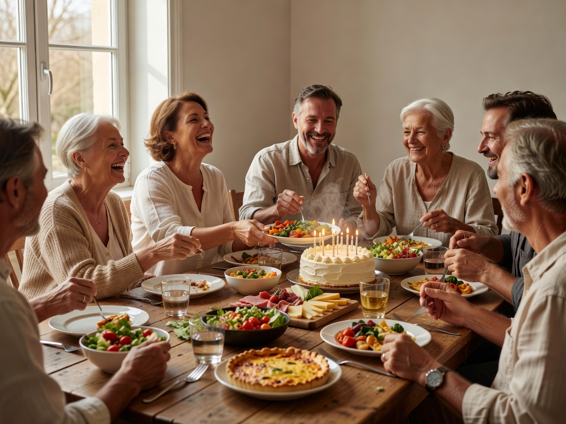 Adults of varied ages sharing food and conversation at a birthday lunch beside a bright window