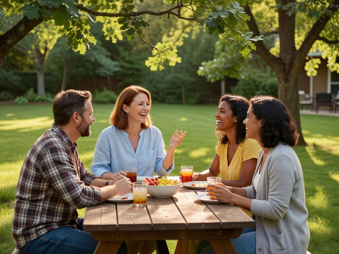 A birthday host chatting with friends at a relaxed daylight gathering