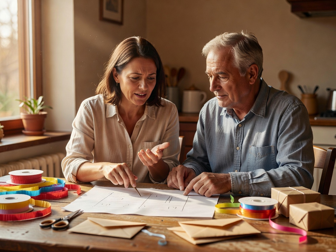 A host and family member discussing birthday preparations at a sunlit table