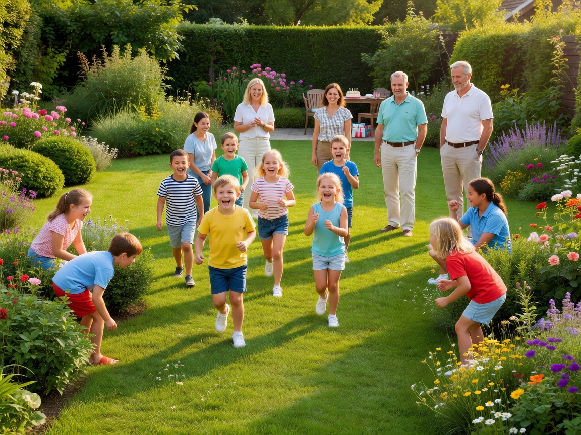 Children taking part in a supervised birthday garden game while adults watch nearby