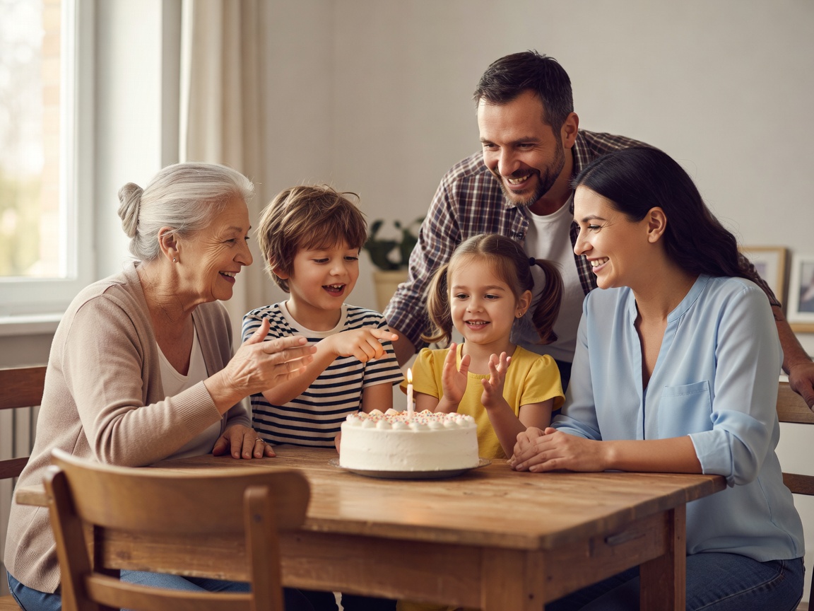 Family members talking beside a birthday cake in a bright, informal dining space