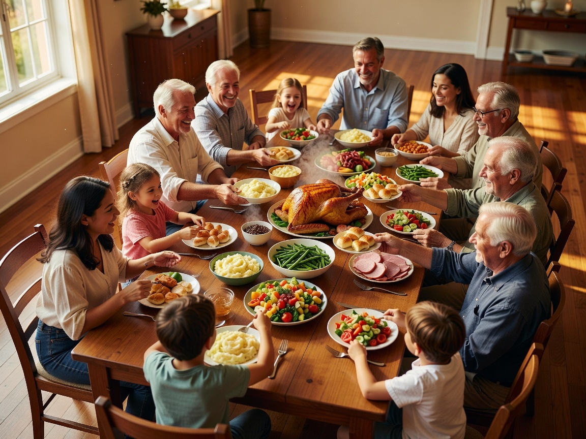 Family and friends passing food around a spacious birthday table with clear seating routes