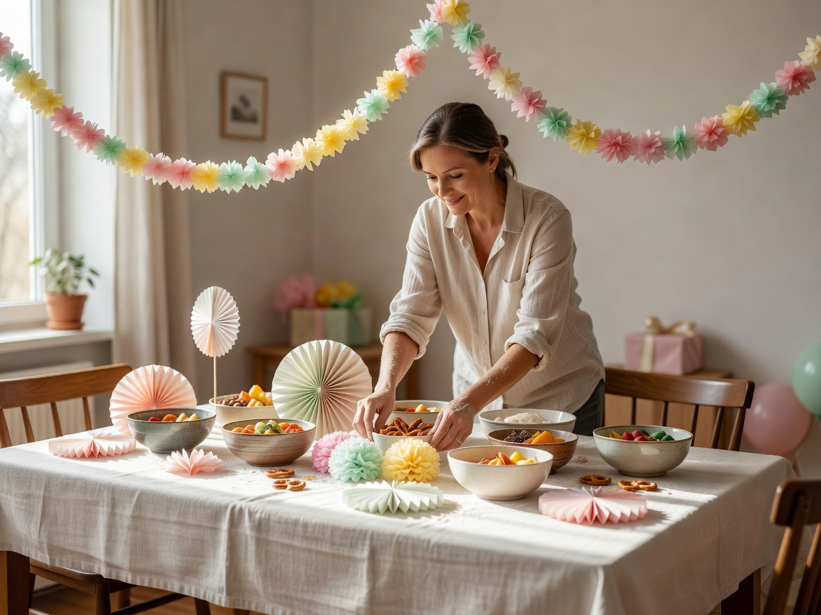 A family host preparing a birthday table with serving bowls and paper decorations in natural light