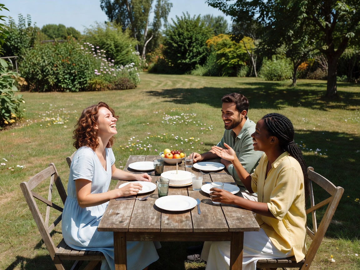 Friends enjoying a modest birthday meal together at a garden table in daylight