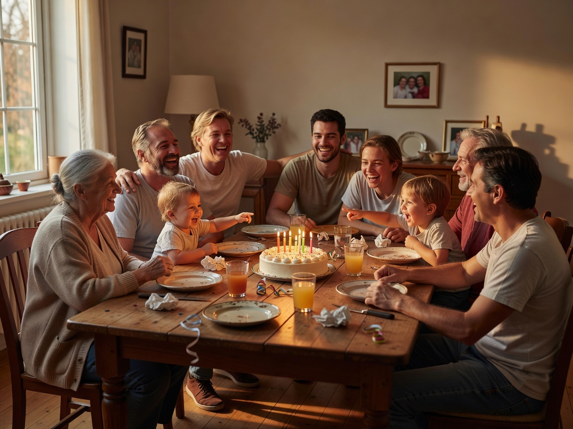 Several generations enjoying an informal birthday gathering around a family table
