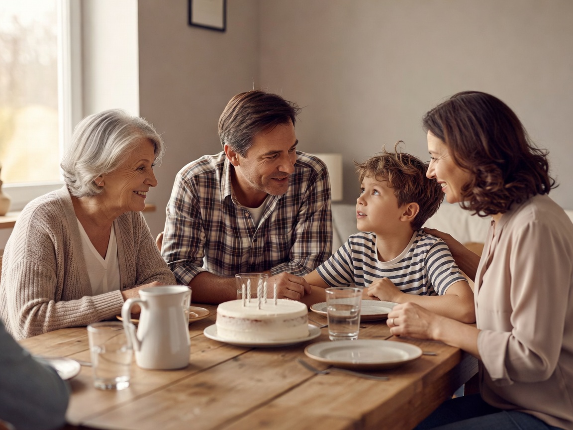 Family members enjoying a quiet birthday conversation around a naturally lit table