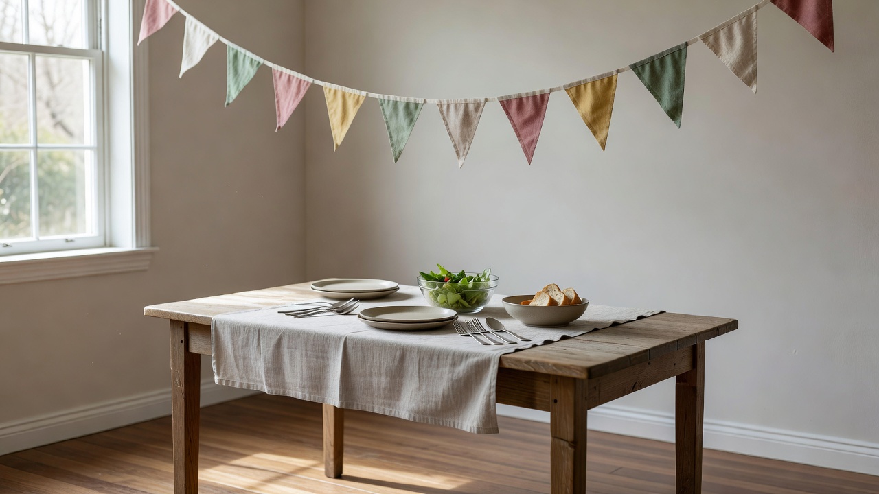 A modest birthday dining table with reusable bunting, clear walking space and simple serving dishes